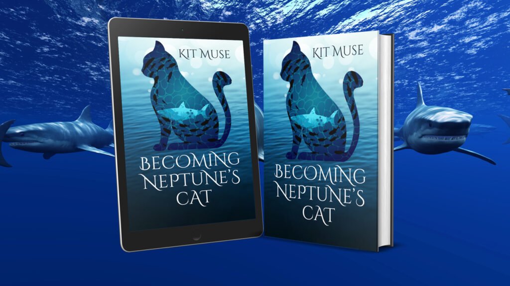 The cover of becoming neptune's cat with a blue silhouette of a cat with an ocean theme illustrated inside it on a blue background over a picture of sharks